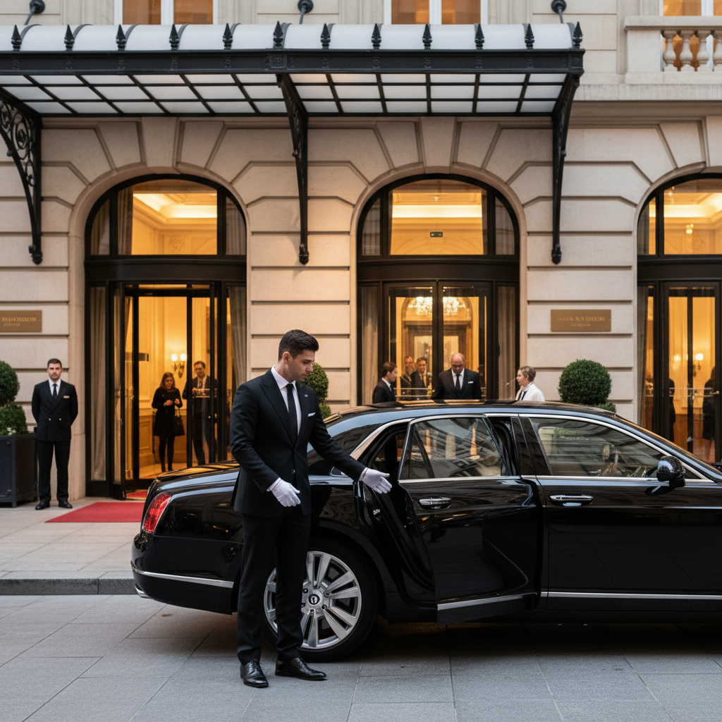 Professional chauffeur opening car door